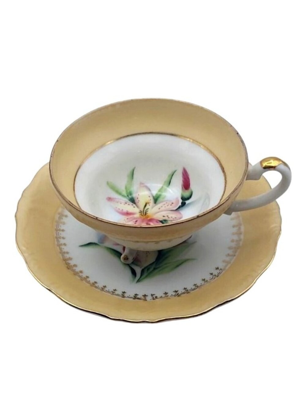 Footed Tea Cup & Saucer Floral Lily Yellow Porcelain Japan Vtg Collectible MCM